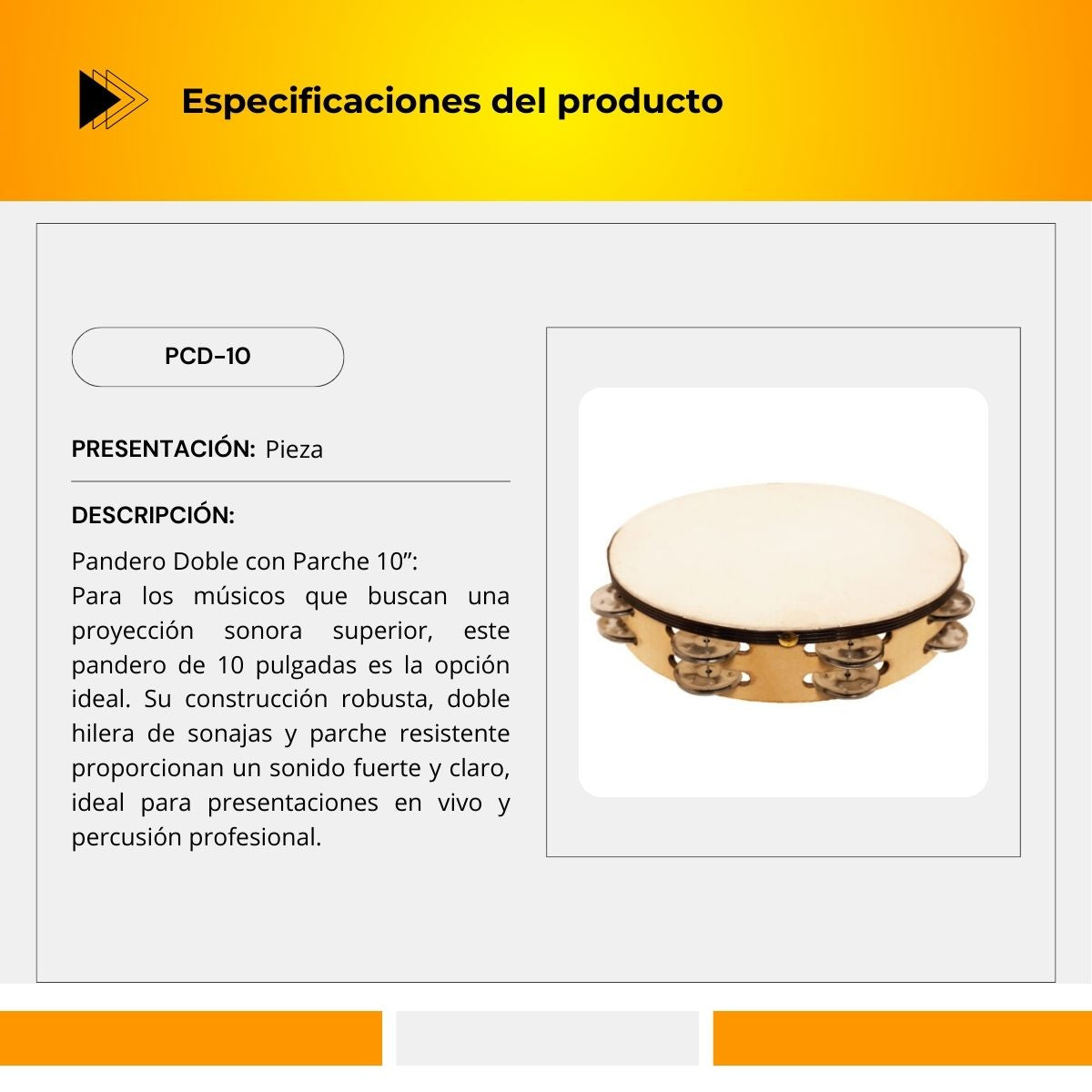 Pandero Doble Con Parche 10" PCD-10