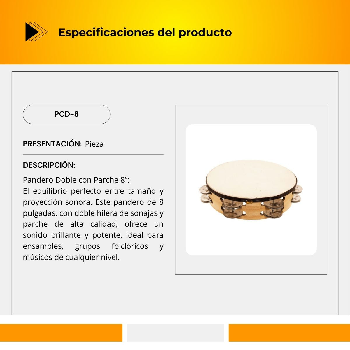 Pandero Doble Con Parche 8" PCD-8