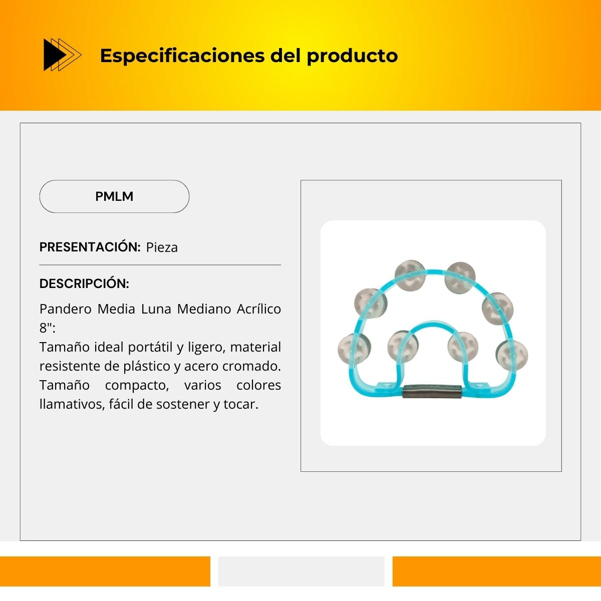 Pandero De Acrílico Media Luna Tamaño Mediano PMLM