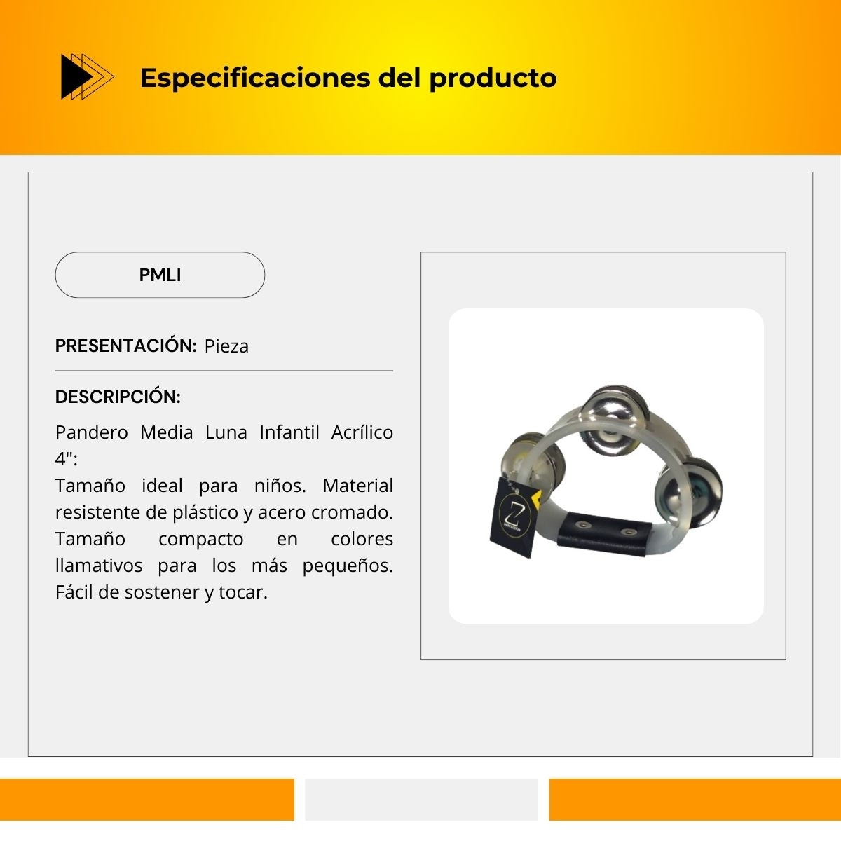 Pandero De Acrílico Media Luna Tamaño Infantil 4" PMLI