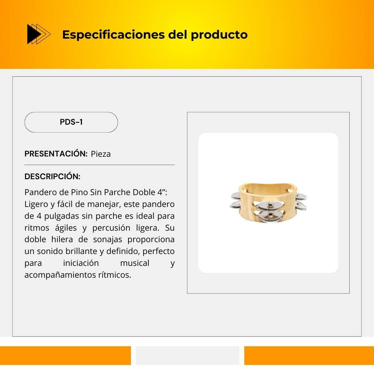 Pandero de Pino Sin Parche Doble 4" PDS-1