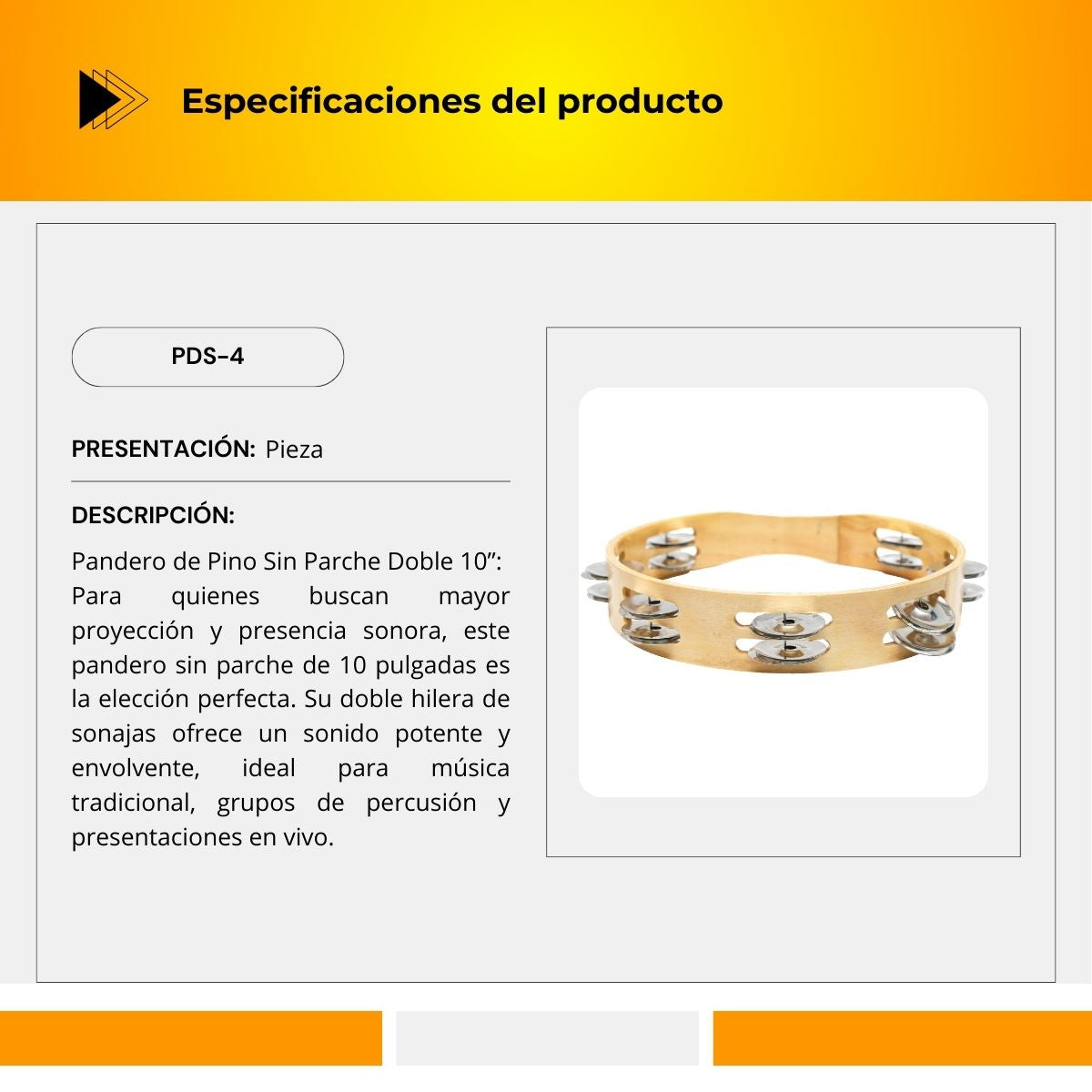 Pandero De Pino Sin Parche Doble 10" PDS-4