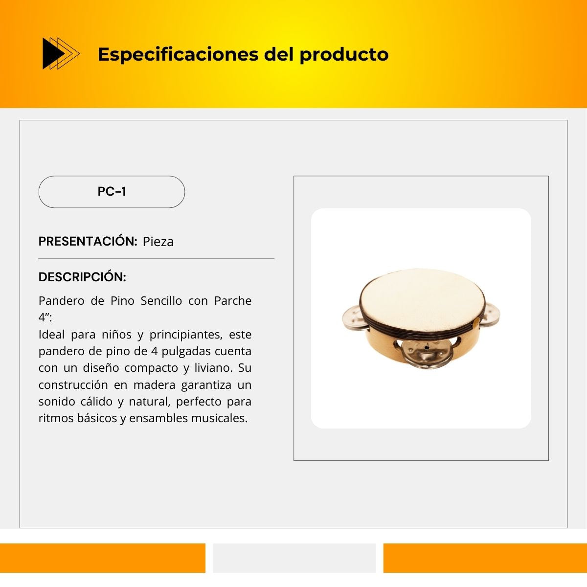 Pandero de Pino Sencillo con Parche 4" PC-1