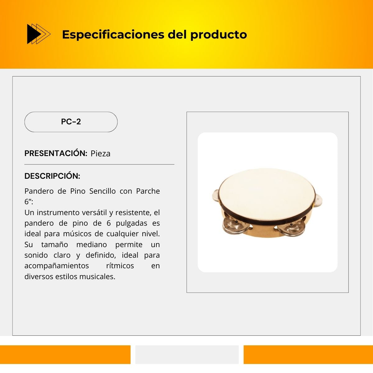 Pandero de Pino Sencillo con Parche 6" PC-2