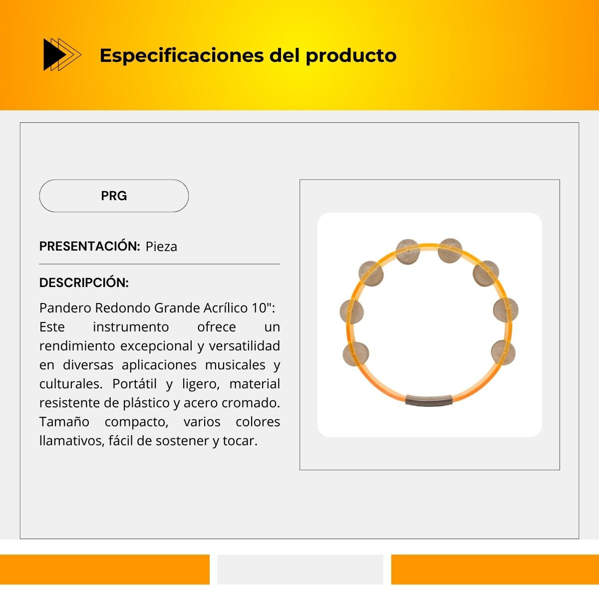 Pandero De Acrílico Redondo Tamaño Grande 10" PRG