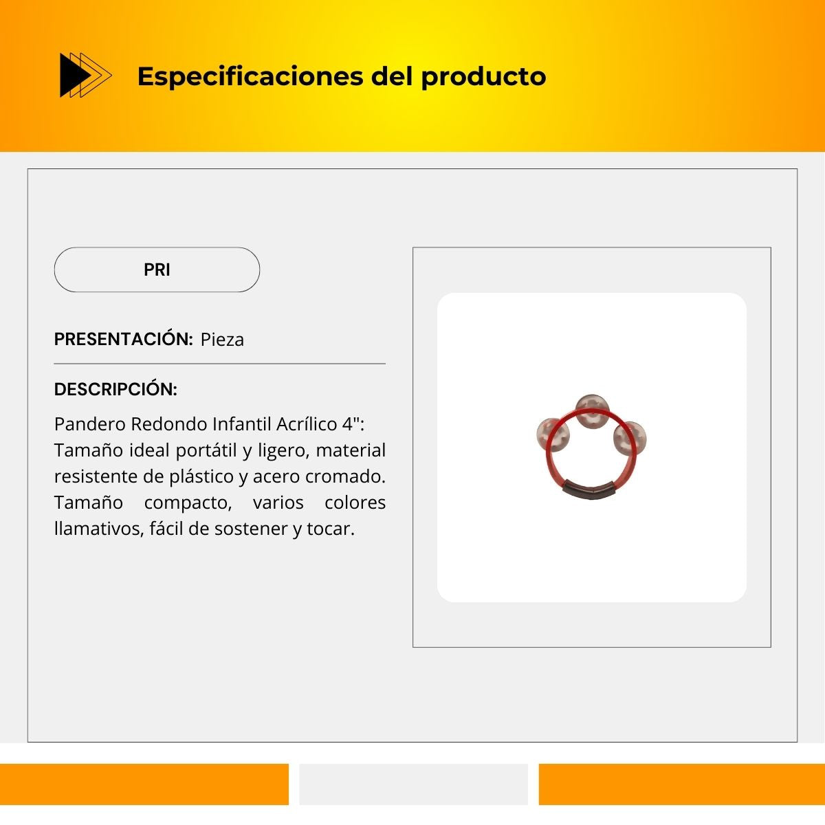 Pandero De Acrílico Redondo Tamaño Infantil PRI