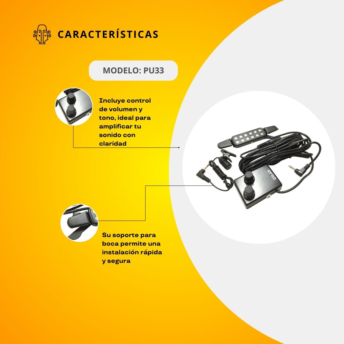 Pastilla Para Guitarra Acústica Soporte Para Boca Control De Volumen y Tono PU33