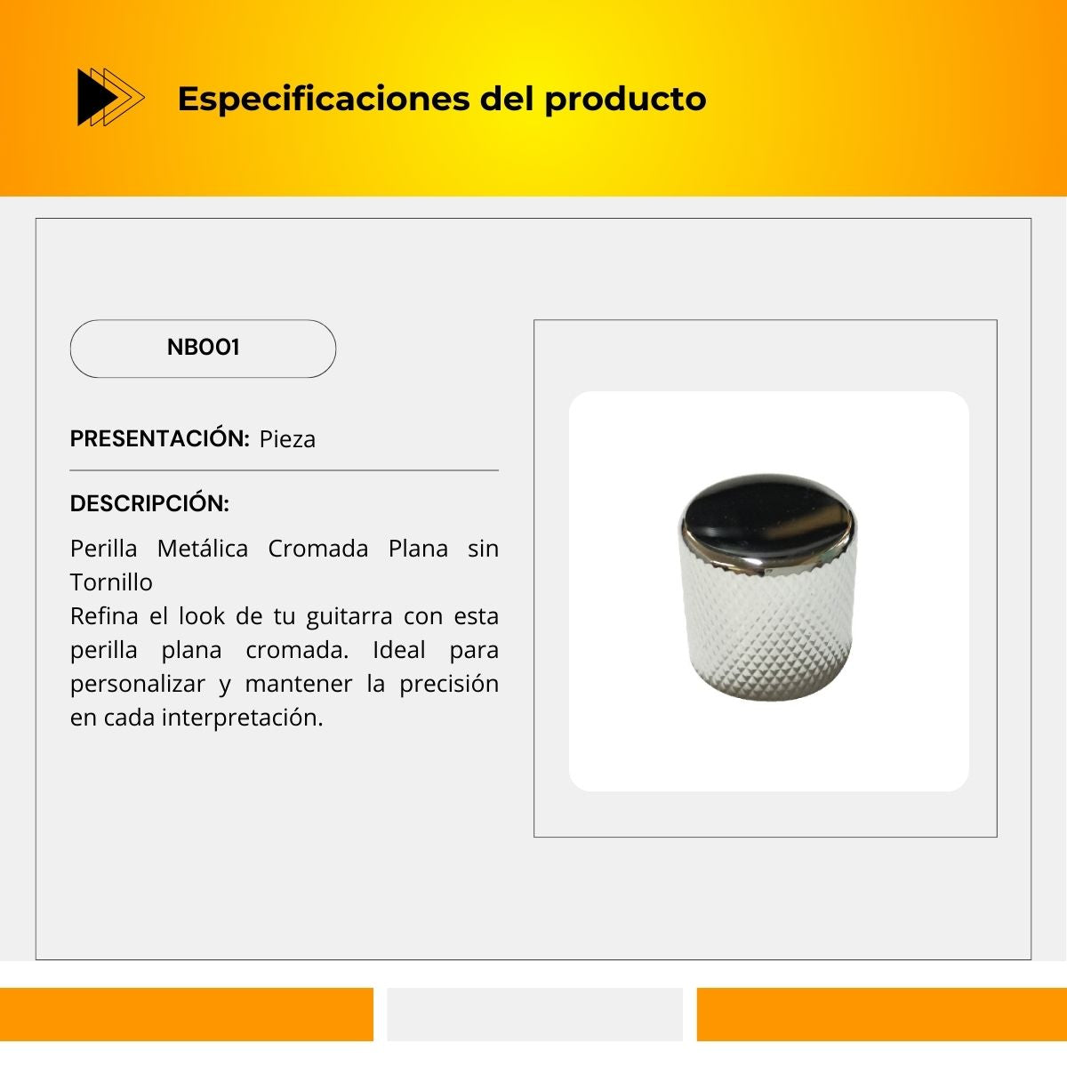 Perilla Plana Metálica Cromada Sin Tornillo Para Guitarra Eléctrica NB001