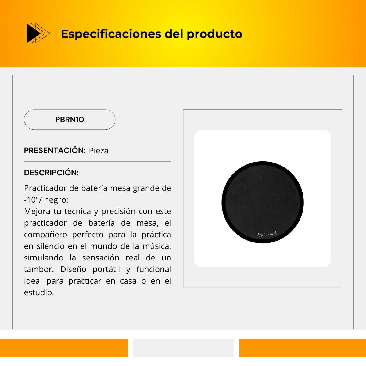 Practicador De Batería De Mesa Tamaño Grande De 10" Color Negro PBRN10