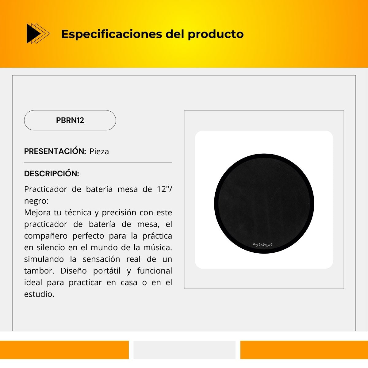 Practicador De Batería De Mesa De 12"Color Negro PBRN12