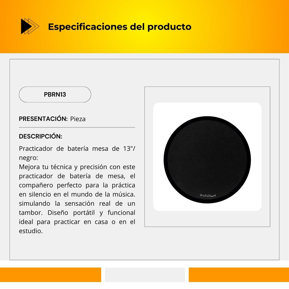 Practicador De Batería De Mesa De 13" Color Negro PBRN13