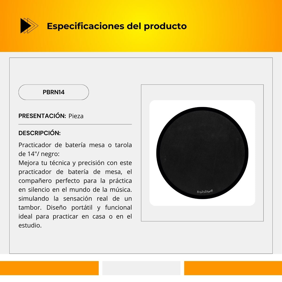 Practicador De Batería De Mesa o Tarola De 14" Color Negro PBRN14