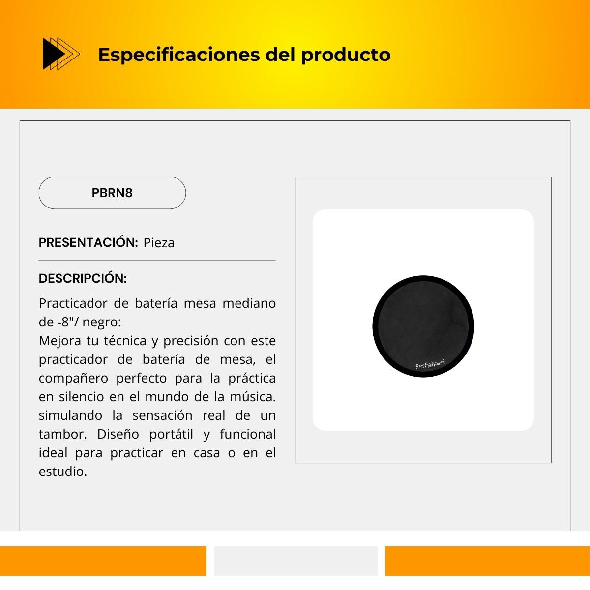 Practicador De Batería De Mesa Tamaño Mediano de 8" Color Negro PBRN8