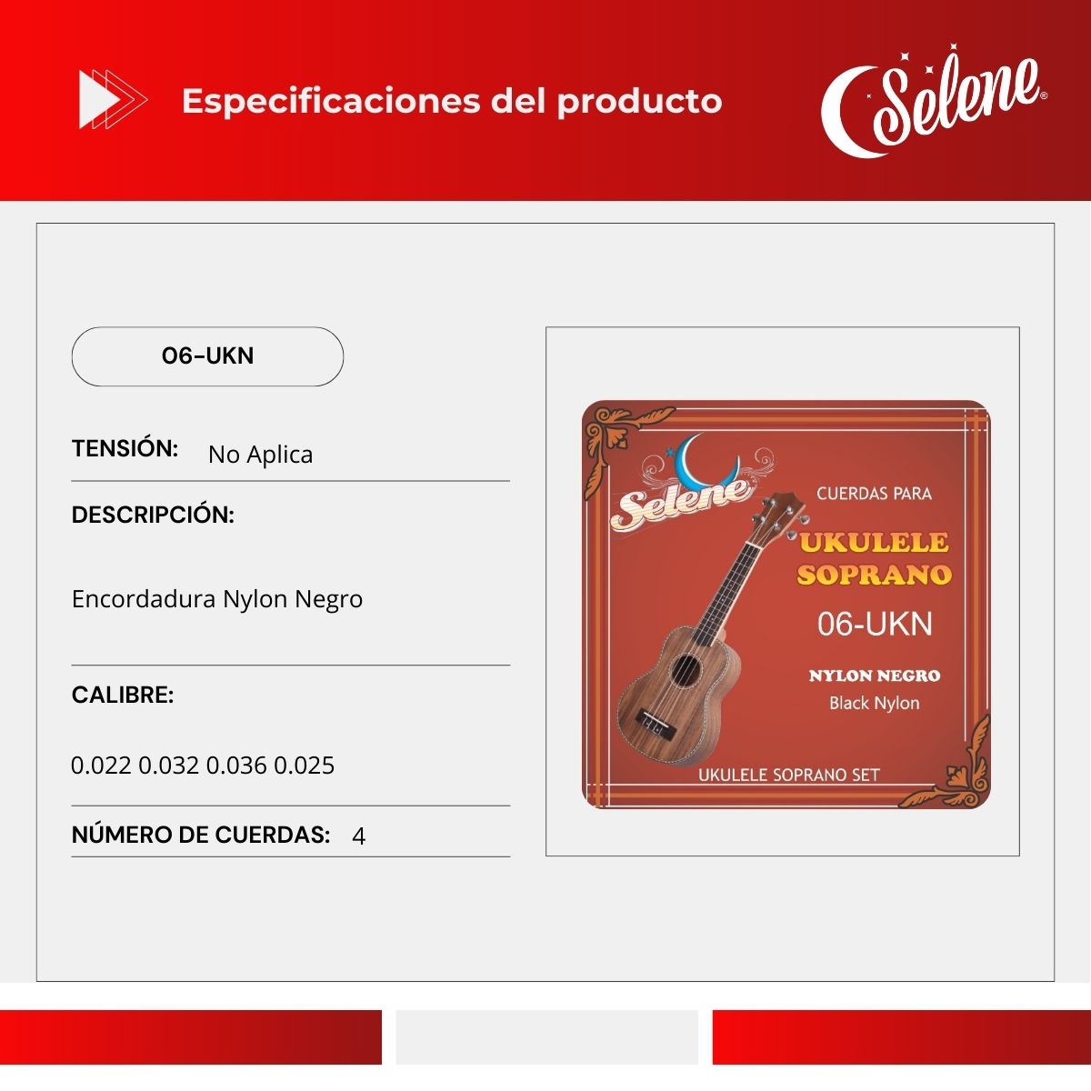 Cuerdas Ukelele Soprano Selene 06-UKN Nylon Negro