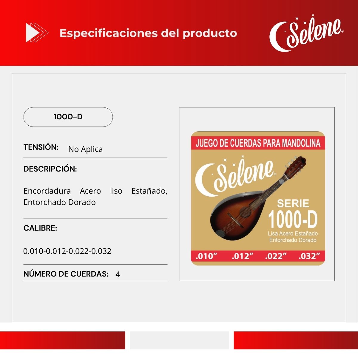 Cuerdas Para Mandolina Selene 1000-D Entorchado Dorado