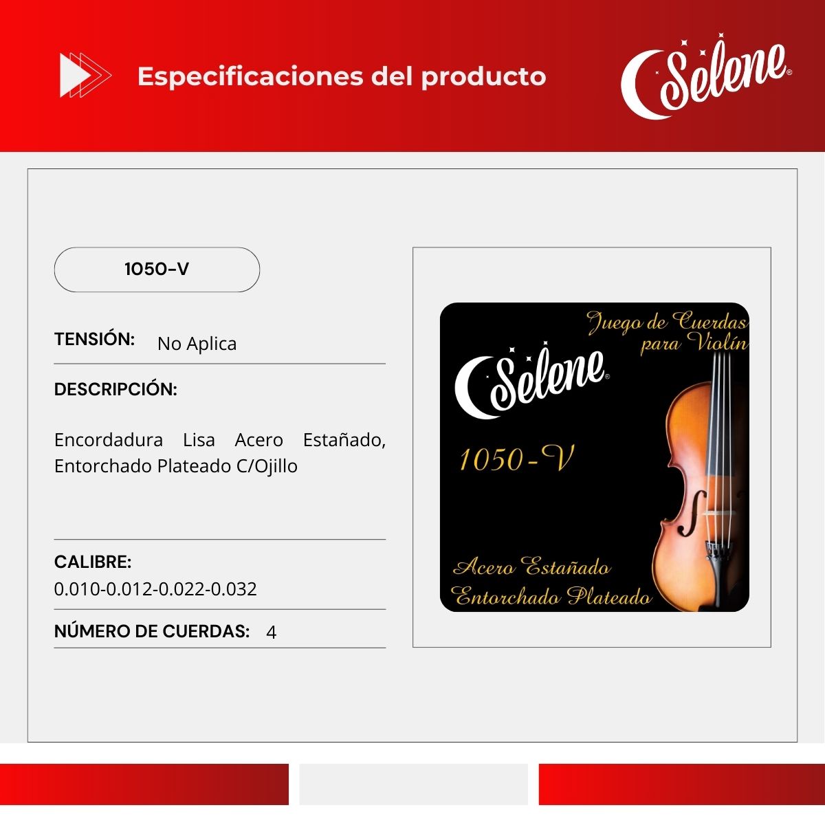 Cuerdas Para Violín 4/4 Selene 1050-V Entorchado Plateado