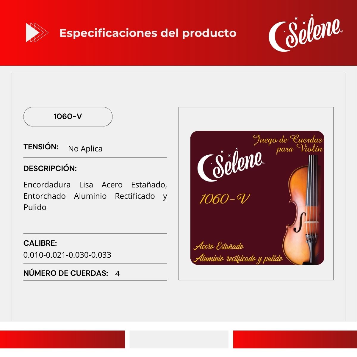 Cuerdas Para Violín 4/4 Selene 1060-V Entorchado Aluminio