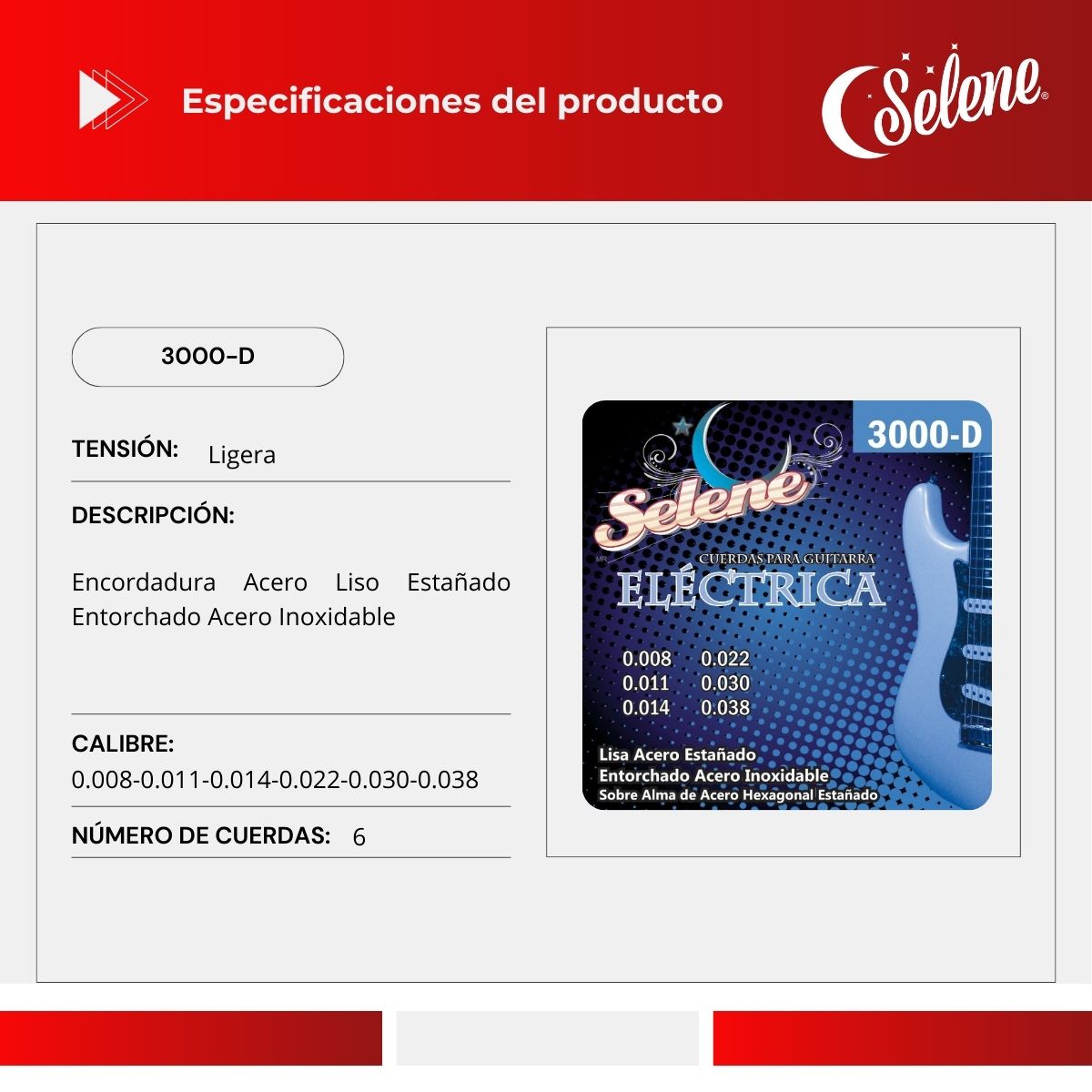 Selene Acero Inoxidable 08-38 Cuerdas Para Guitarra Eléctrica 3000-D