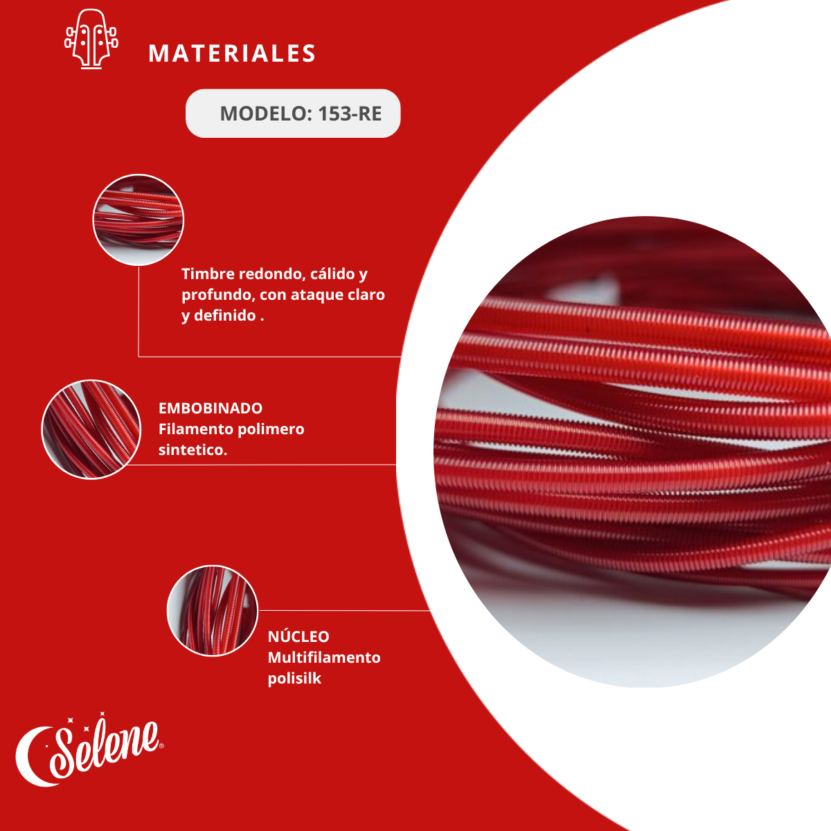 Cuerdas para Tololoche Contrabajo Selene 153-RE Nylon Rojo Escarlata