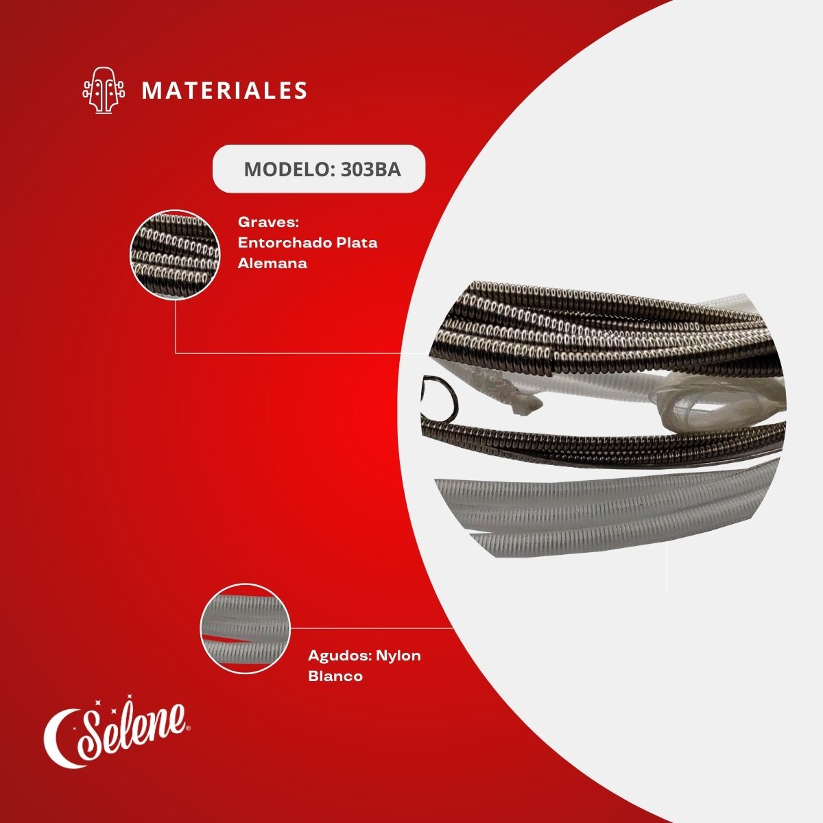 Cuerdas Para Guitarrón Selene 303BA Entorchado Plata Alemana Nylon Blanco