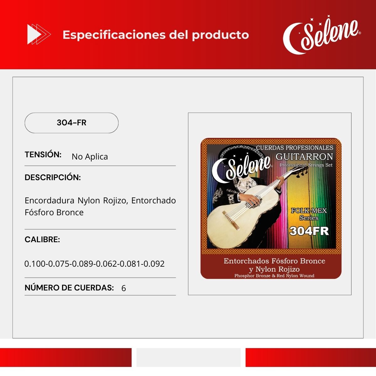 Cuerdas Para Guitarrón Selene 304FR Entorchado Fósforo Bronce Nylon Rojizo