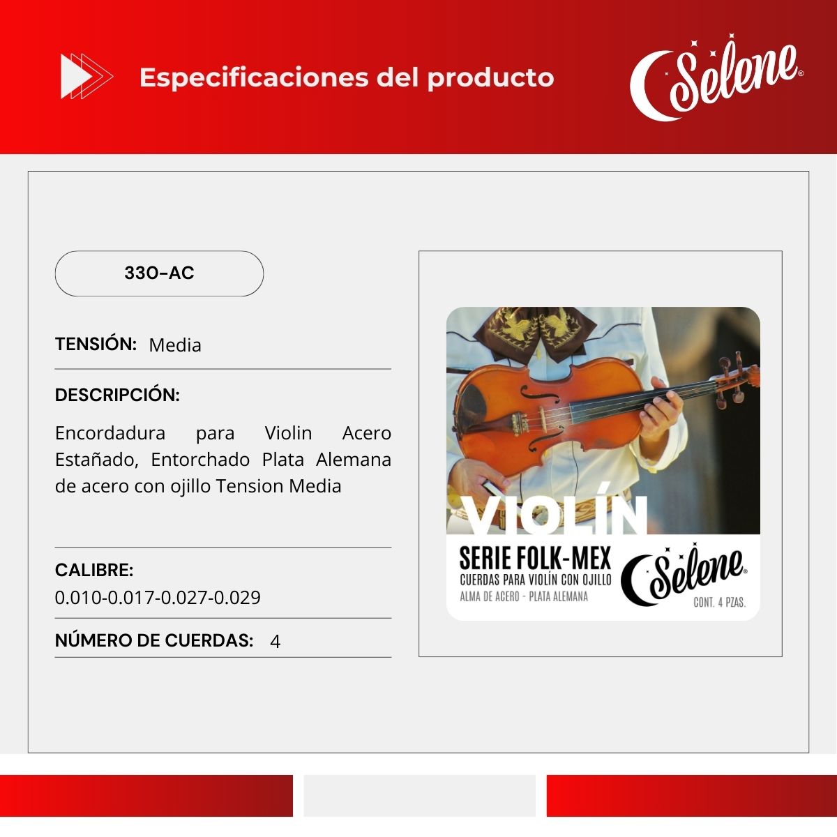 Cuerdas Violín 4/4 Folk Mex Mariachi Plata Alemana Selene 330-AC
