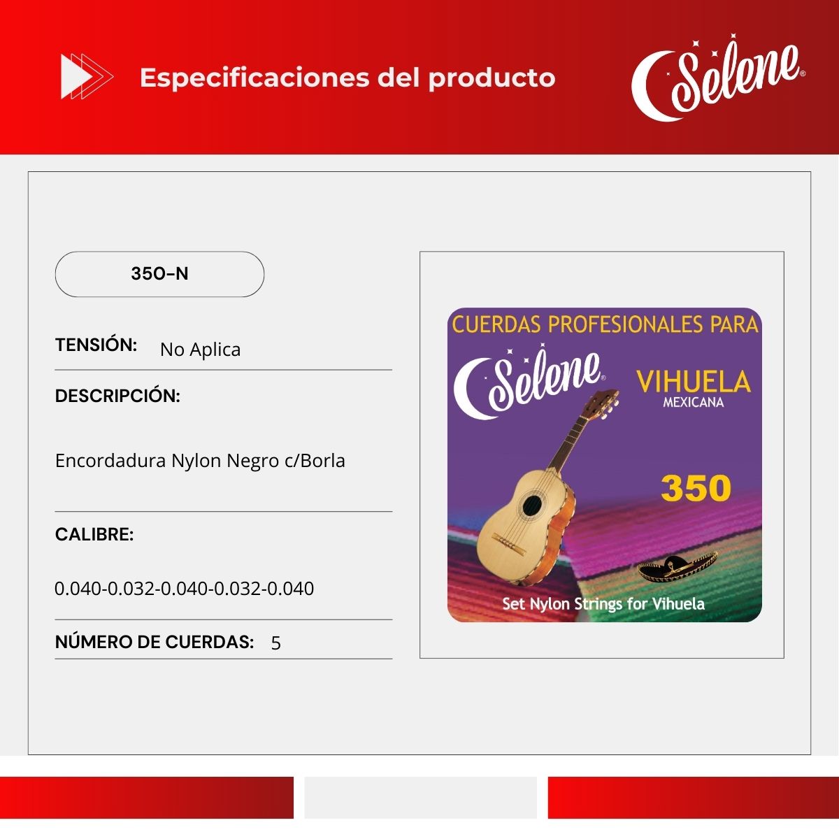 Cuerdas Para Vihuela Selene 350-N Nylon Negro