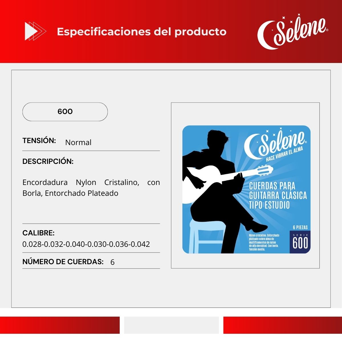 Cuerdas Para Guitarra Tipo Estudio Nylon Cristalino Selene 600