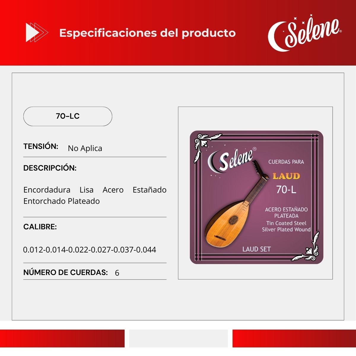 Cuerdas Para Laúd Selene 70-LC Entorchado Plateado