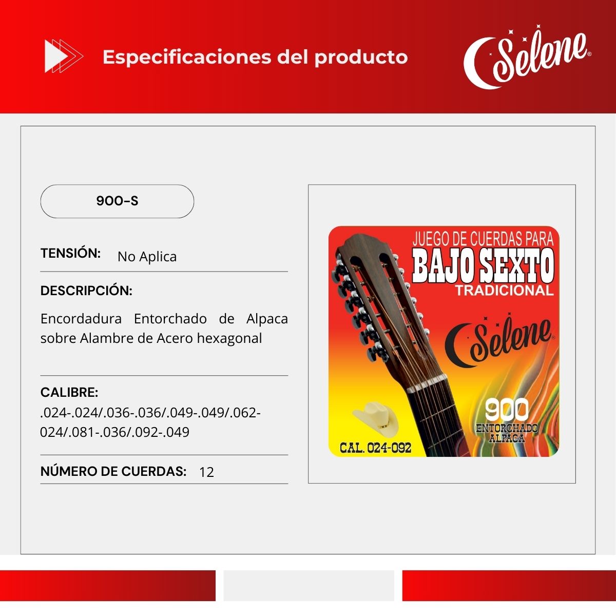 Cuerdas Para Bajo Sexto Selene 900-S Entorchado Alpaca