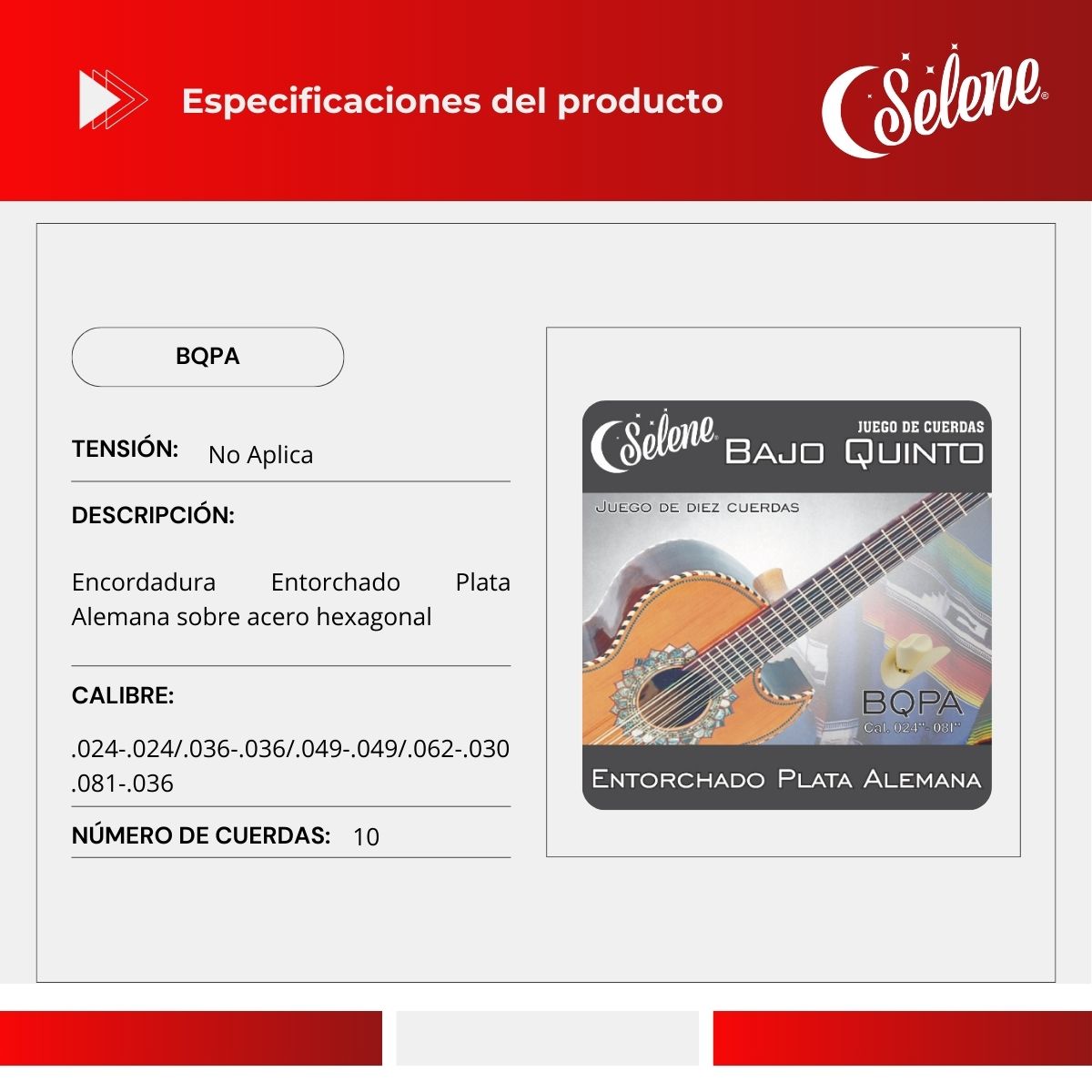 Cuerdas Para Bajo Quinto Selene BQPA Entorchado Plata Alemana