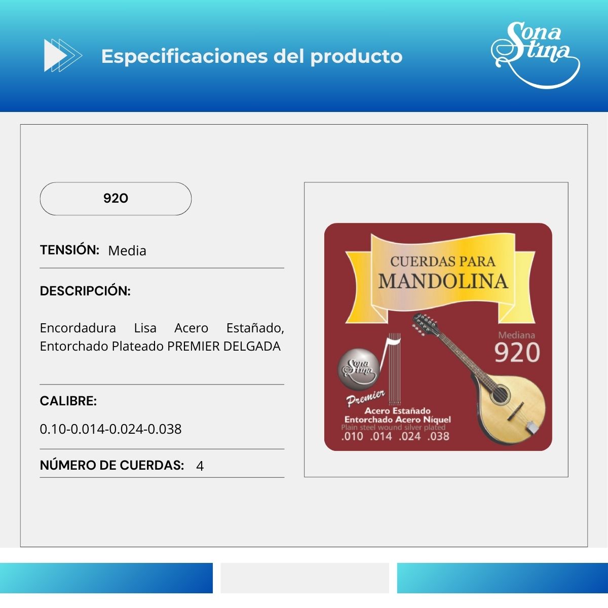 Cuerdas Para Mandolina Sonatina 920 Entorchado Plateado