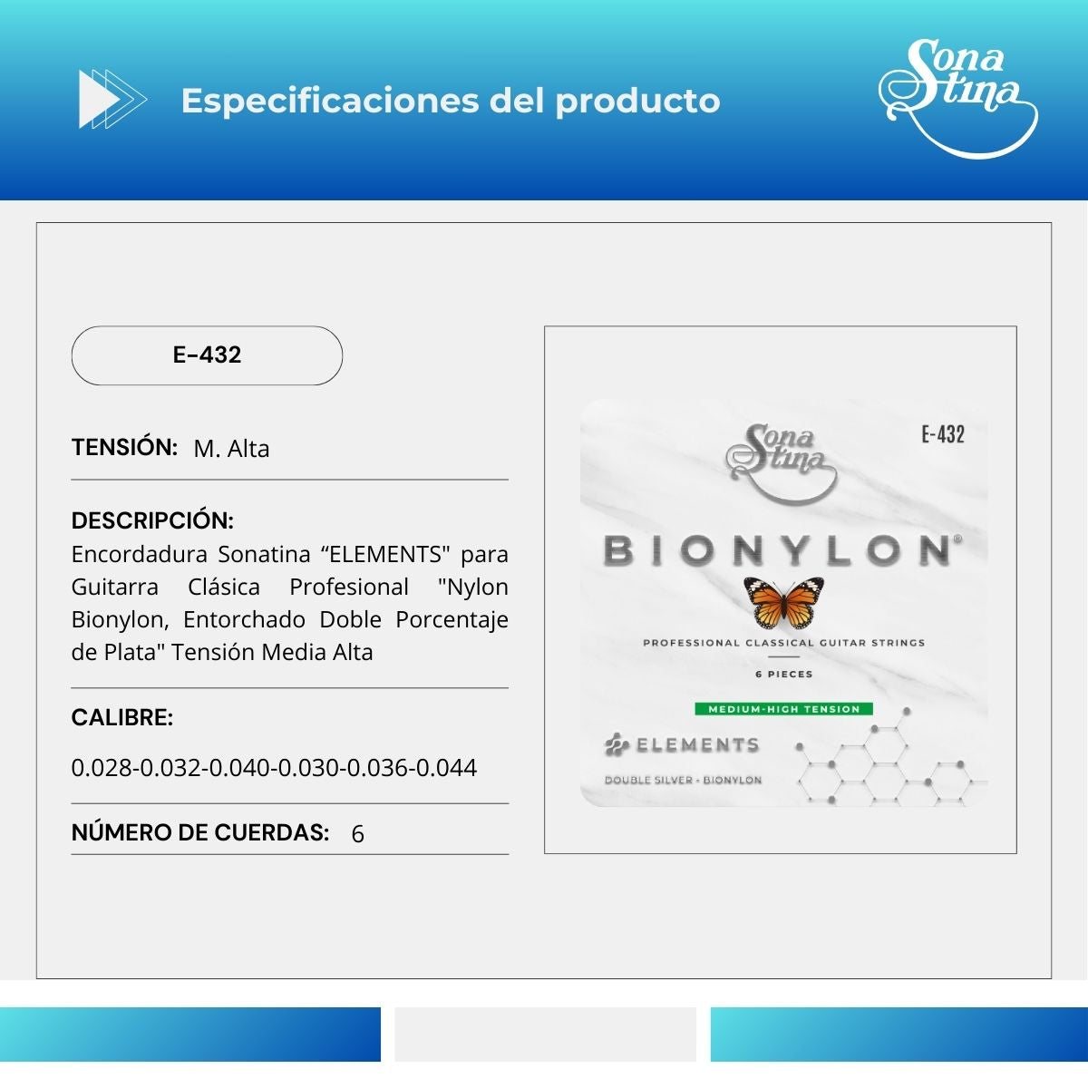 Elements Bionylon E-432 Tensión Media Cuerdas Para Guitarra Clásica