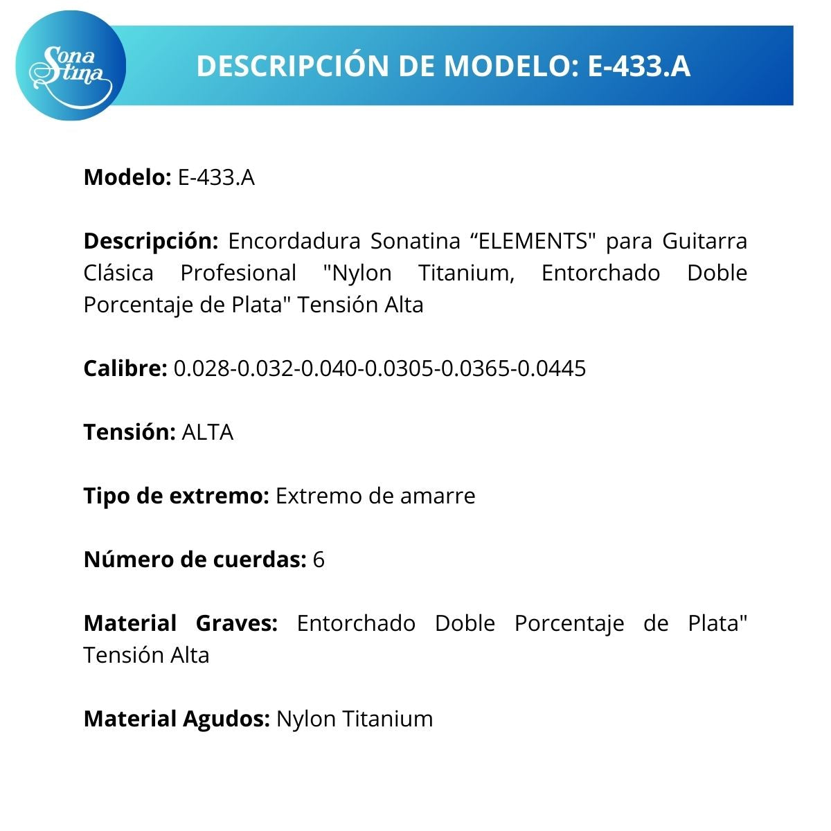 Elements Titanium E-433.A Tensión Alta Cuerdas para Guitarra Clásica