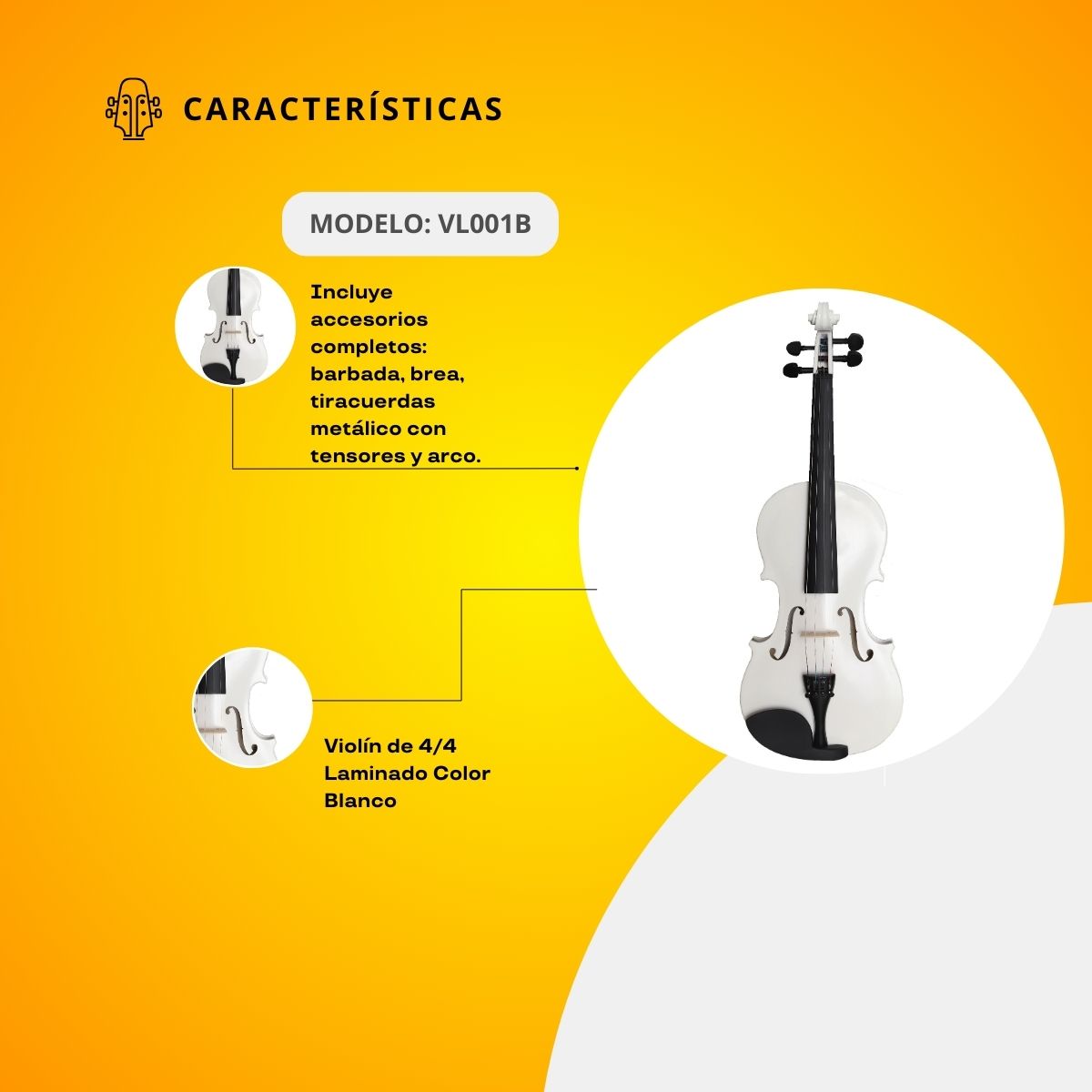 Violín de 4/4 Laminado Color Blanco Con Accesorios VL001B