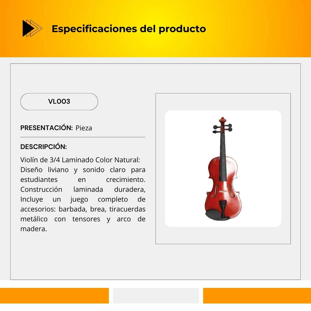 Violín de 3/4 Laminado Color Natural Con Accesorios VL003