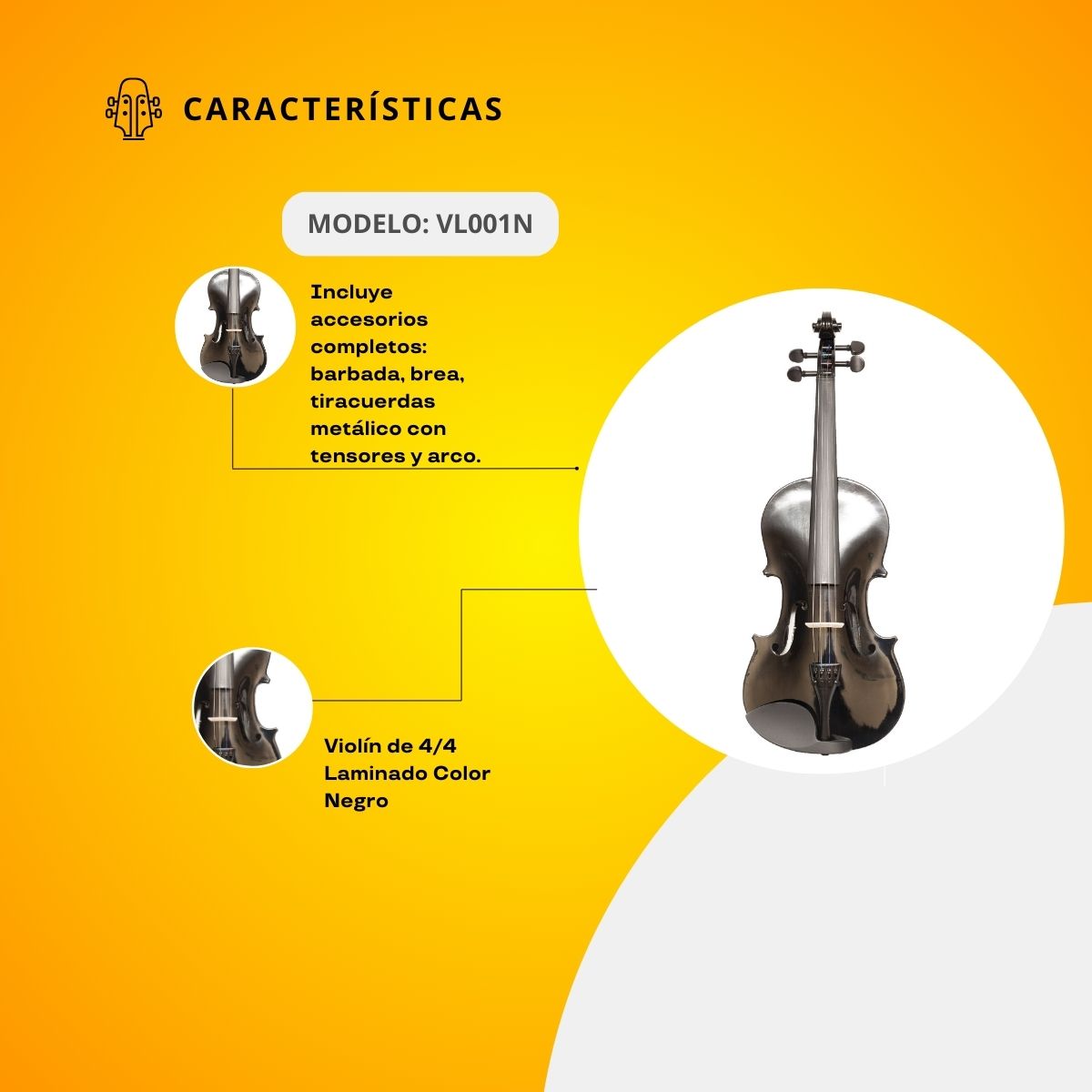 Violín de 4/4 Laminado Color Negro Con Accesorios VL001N