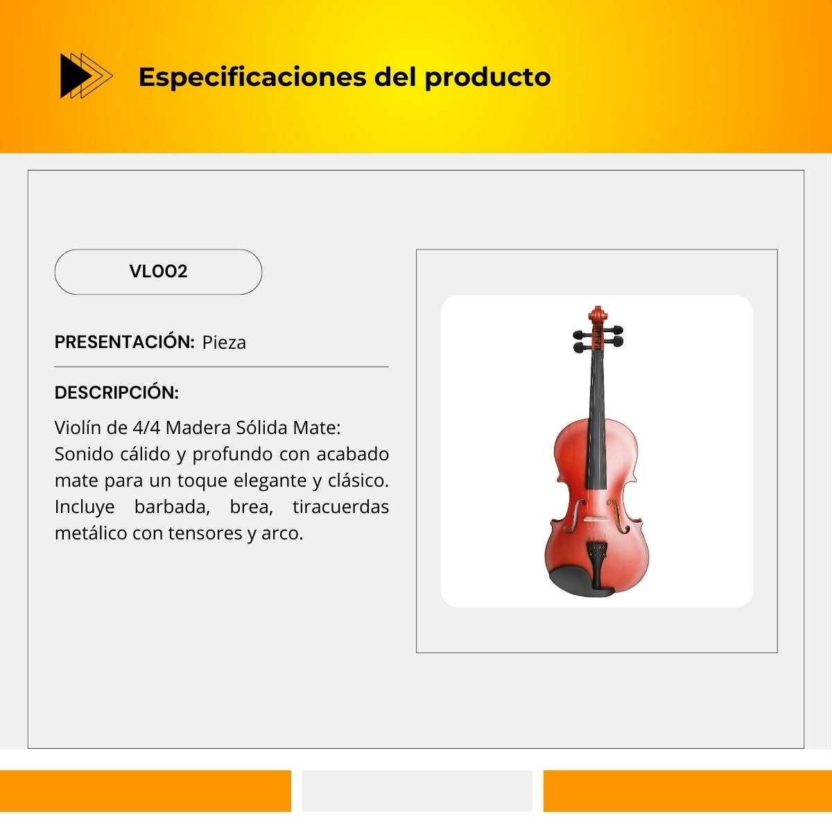 Violín De 4/4 Madera Solida Mate Con Accesorios VL002